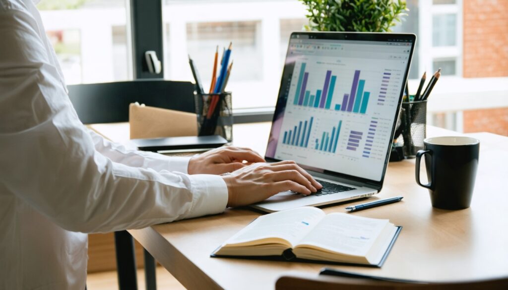 Schrijver werkt aan zakelijke blogartikelen op laptop met notitieboek en koffie op bureau, geschikt als beeld bij een overzicht van business artikelen